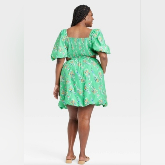 2X 100% Cotton Puff Short Sleeve Cutout Bubble A-Line Smock Back Midi Dress - Picture 2 of 5